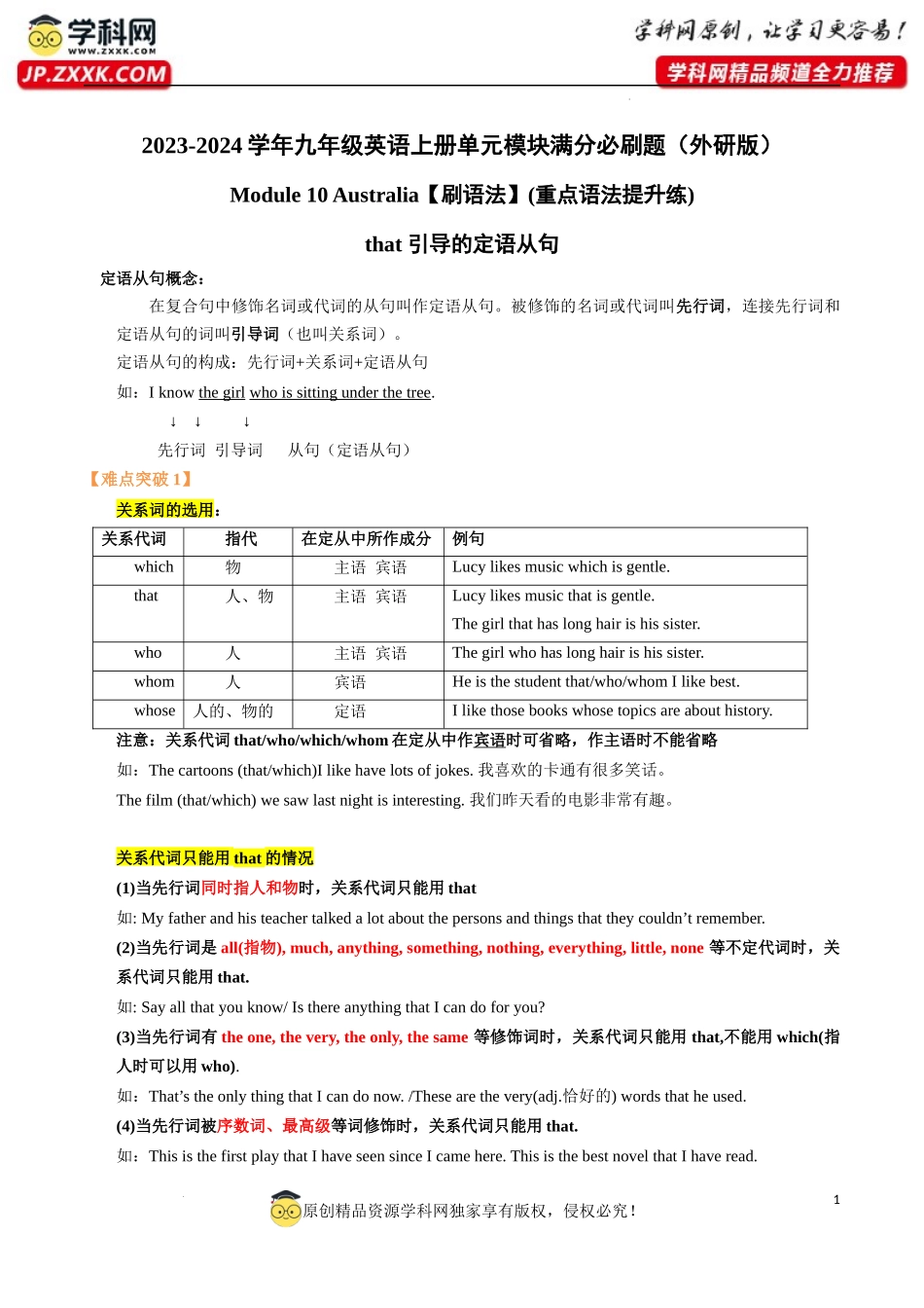 Module 10【语法】that 引导的定语从句(重点语法提升练)-2023-2024学年九年级英语上册单元模块满分必题（外研版）_第1页