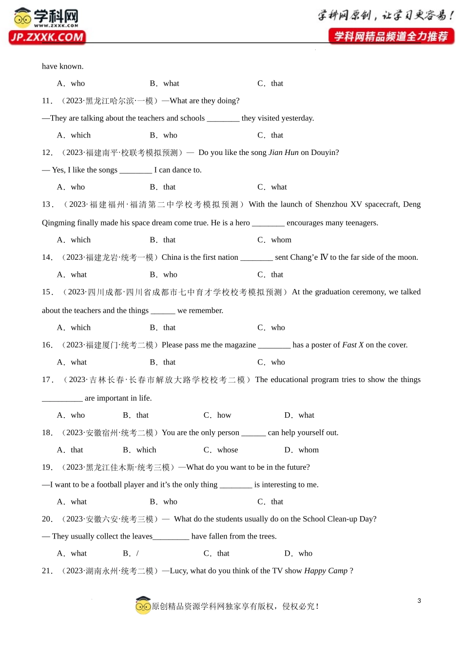 Module 10【语法】that 引导的定语从句(重点语法提升练)-2023-2024学年九年级英语上册单元模块满分必题（外研版）_第3页