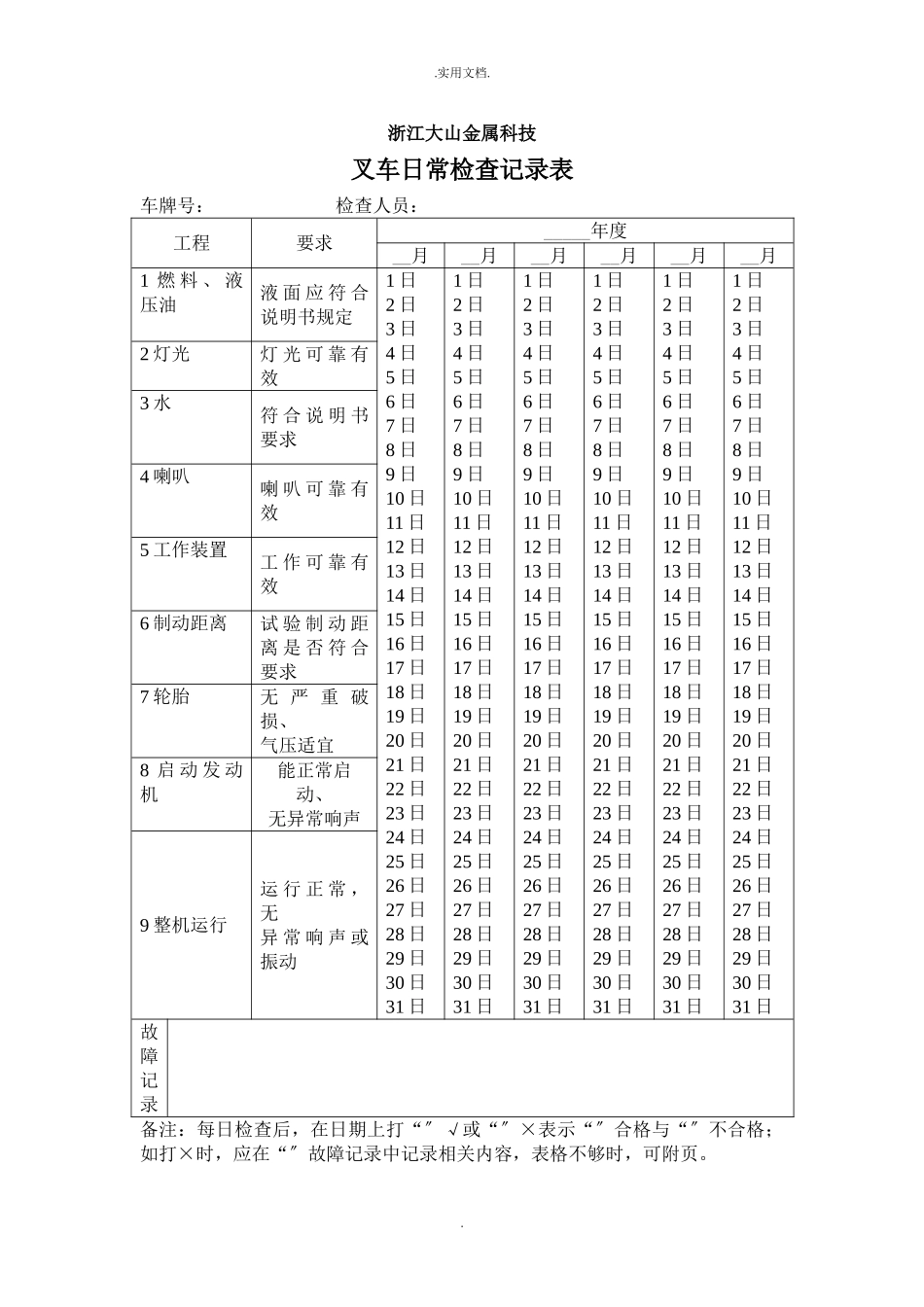叉车日常检查记录表_第1页