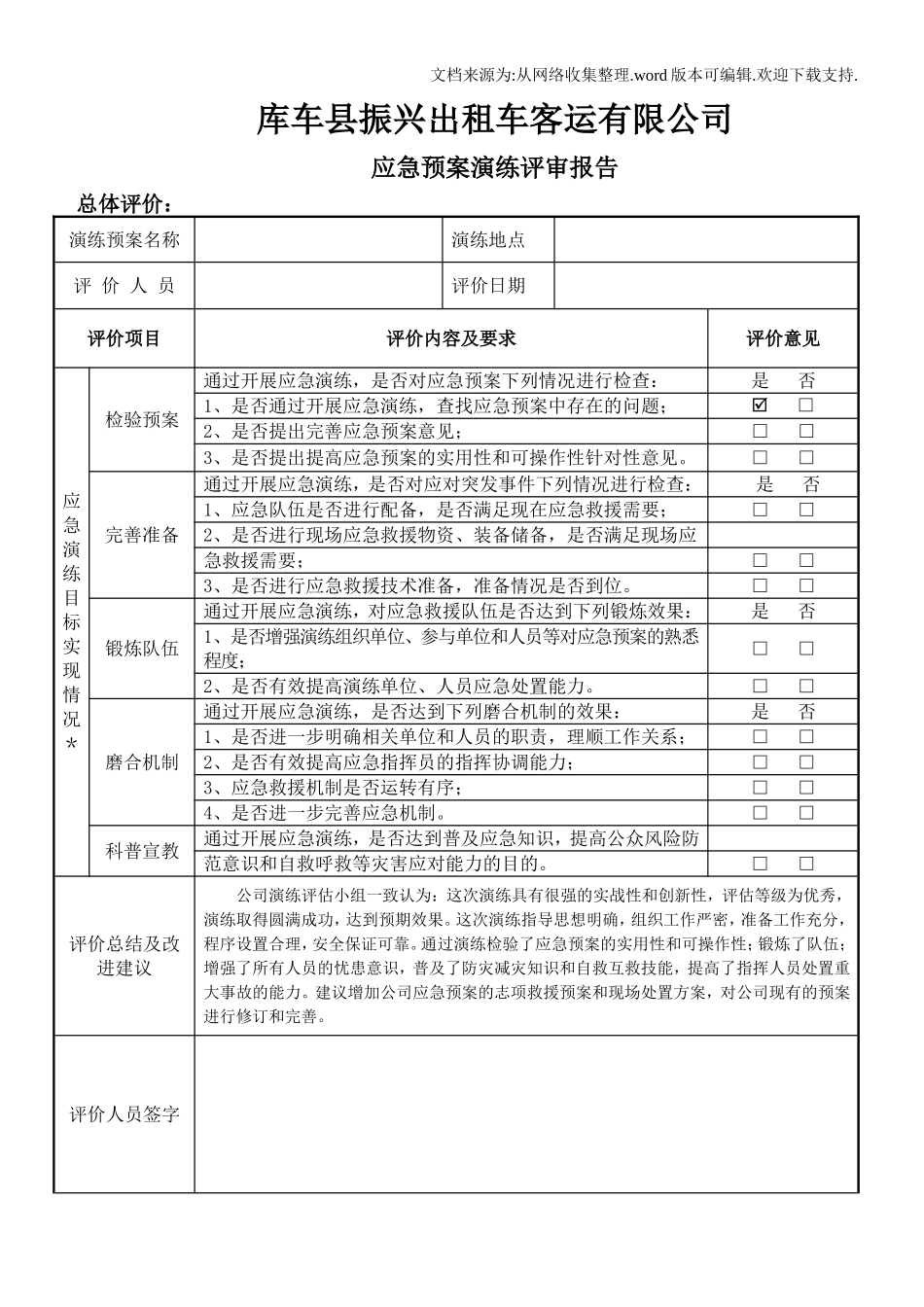 出租车客运有限公司应急预案演练评审报告_第1页