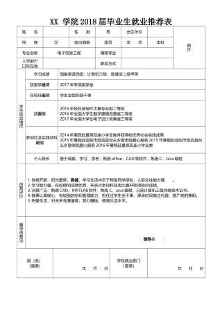 大学生就业推荐表【范本模板】