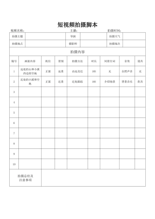 短视频拍摄脚本-word文档版-方便编辑打印-短视频拍摄必备
