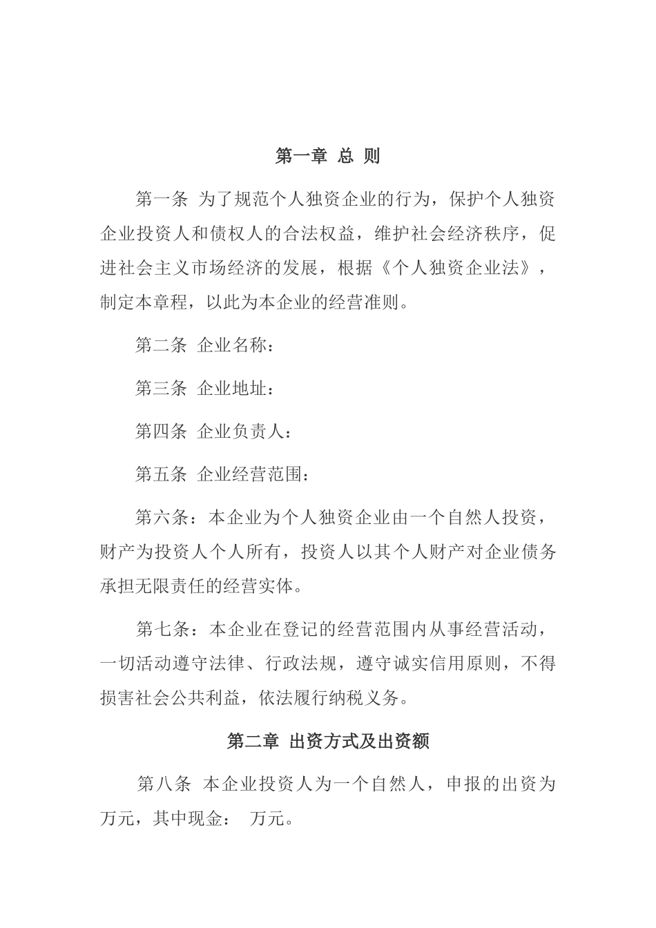 个人独资企业章程范本_第1页