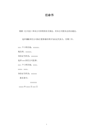 公司执行董事兼法定代表人--任命书