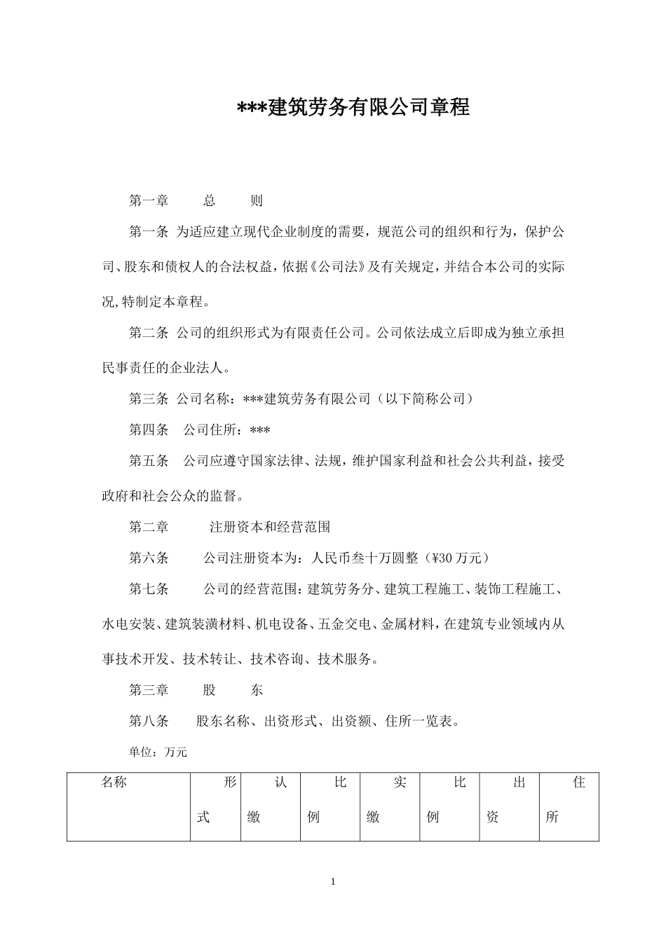 建筑劳务公司章程范本_第1页
