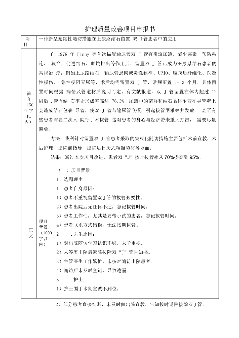 泌尿外科护理质量持续改进项目申报书_第1页
