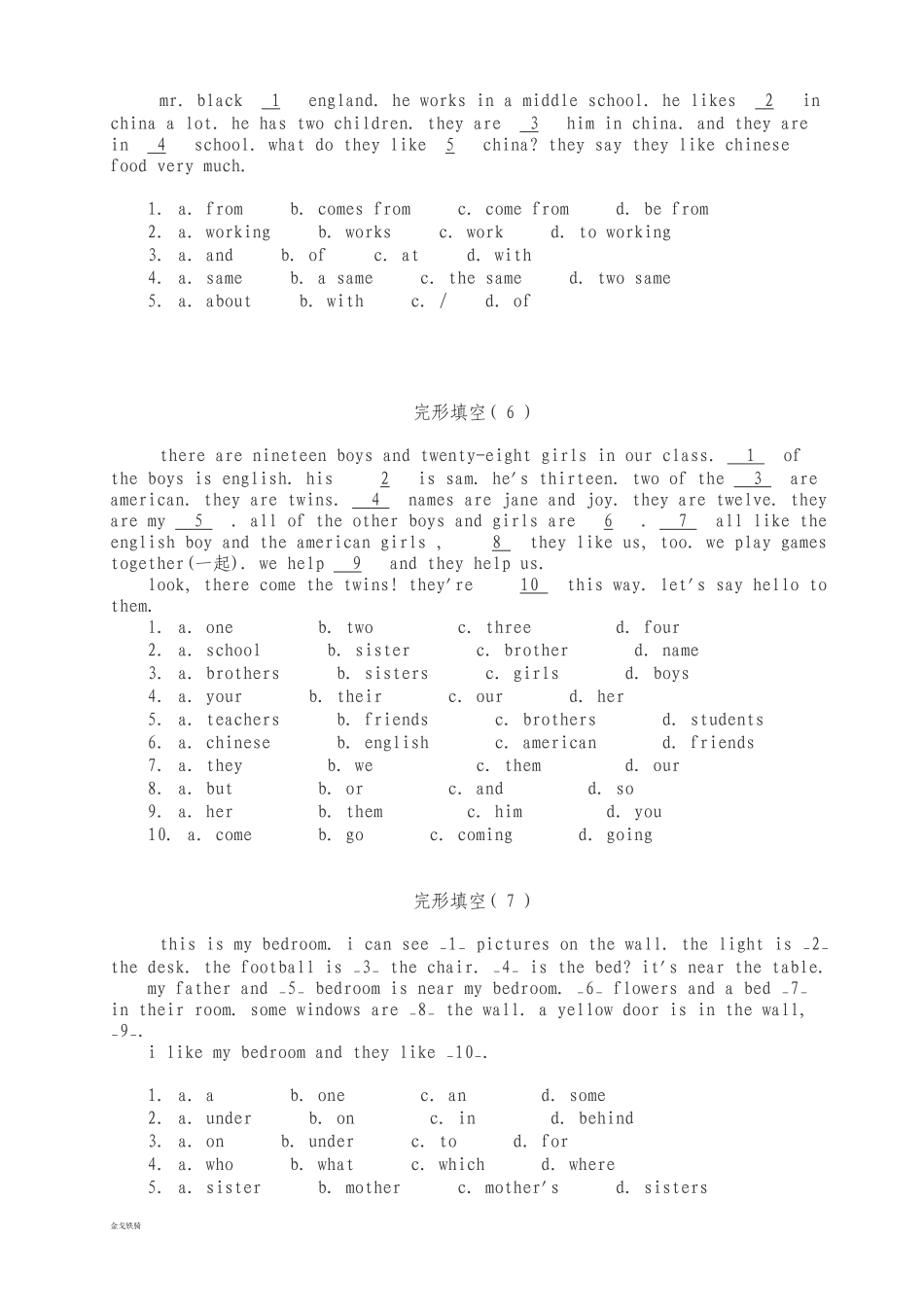 人教版七年级下册英语完形填空22篇(附答案详解)_第3页