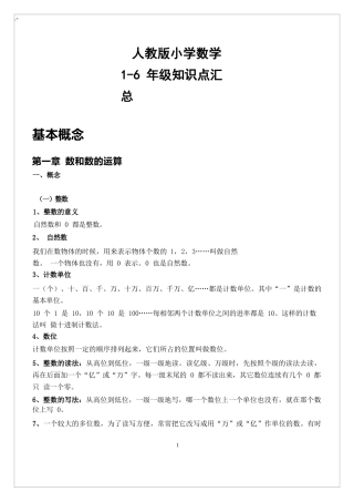 人教版小学数学1-6年级知识点汇总(全)