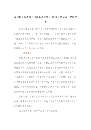 深化新时代教育评价改革试点项目(XXX大学试点)申报方案