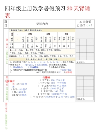 四年级上册数学30天记录单