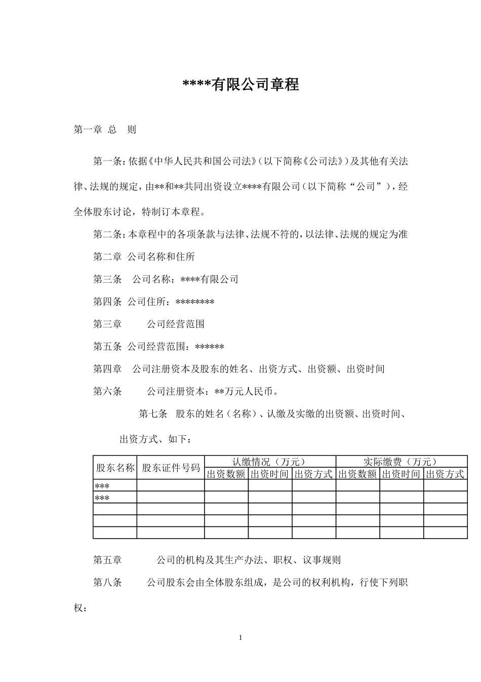 无锡工商局新办有限公司标准选用公司章程_第1页