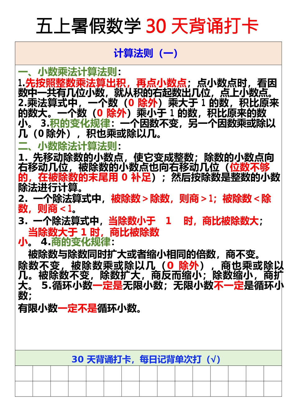 五上暑假数学30 天背诵打卡_第1页