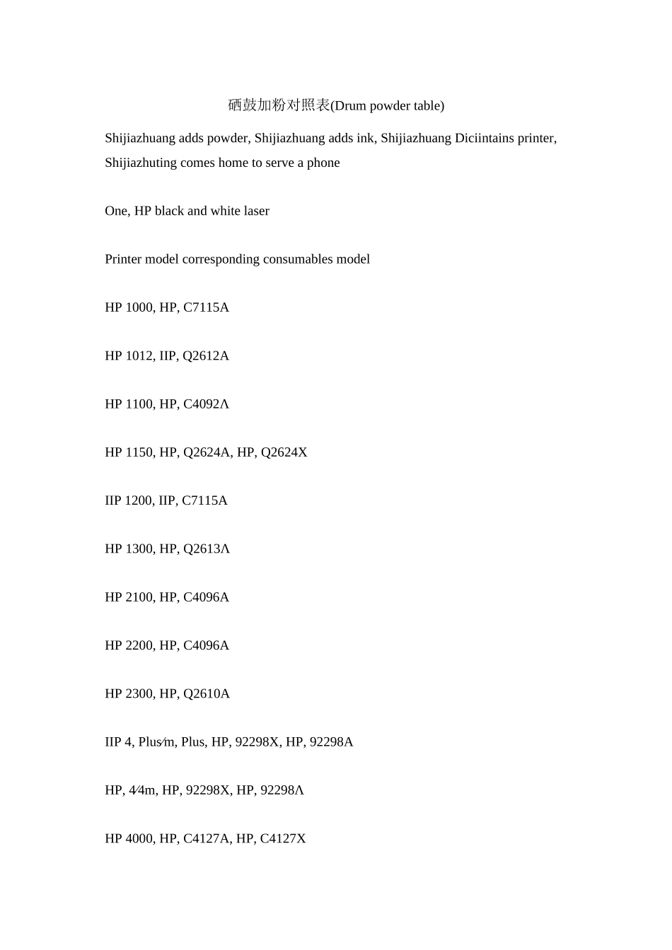 硒鼓加粉对照表（Drum powder table）_第1页