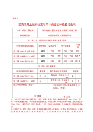现浇混凝土结构位置与尺寸偏差实体检验记录表
