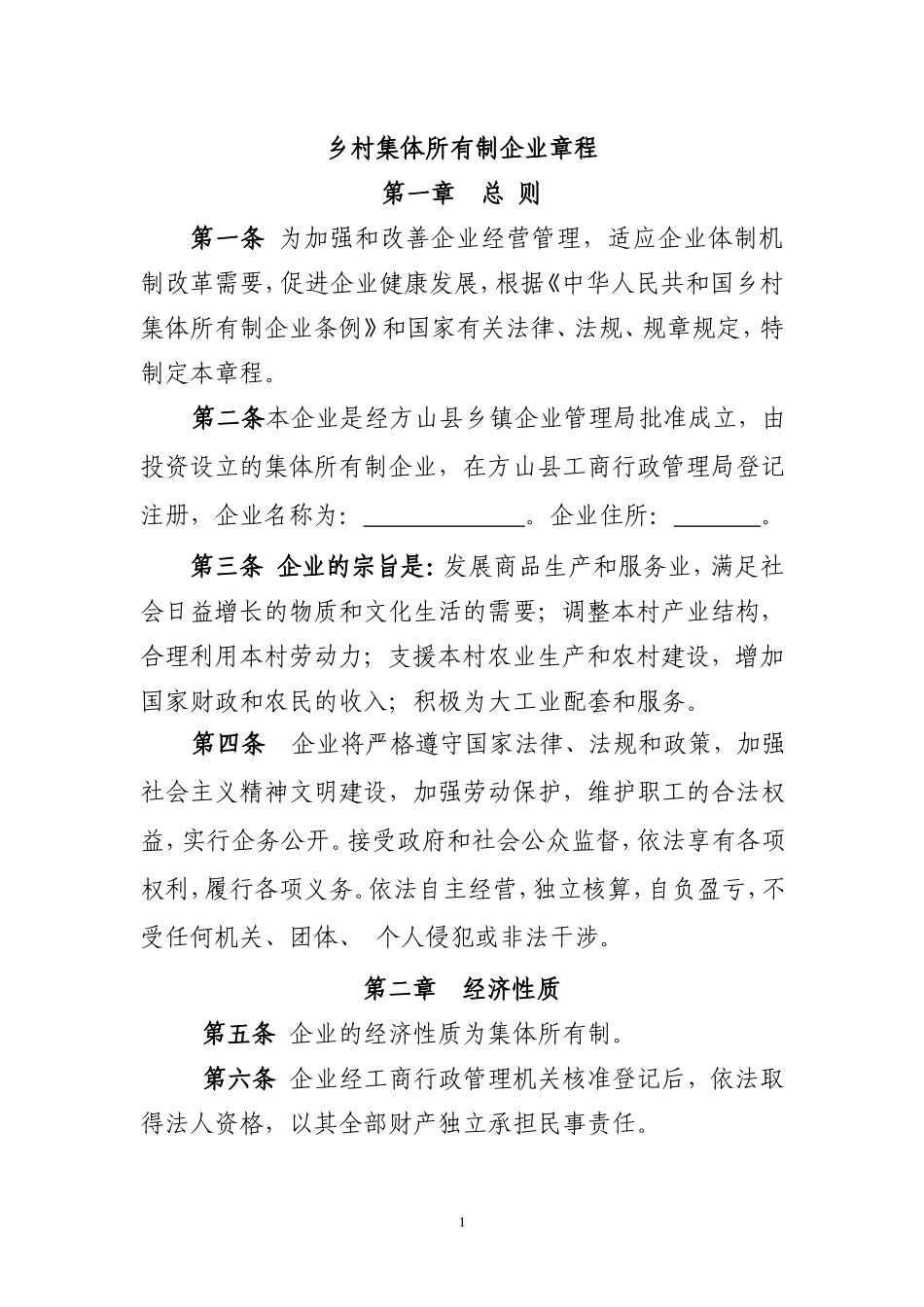 乡村集体所有制企业章程(完整版)_第1页