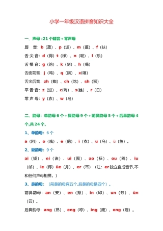 小学一年级语文汉语拼音知识大全及练习