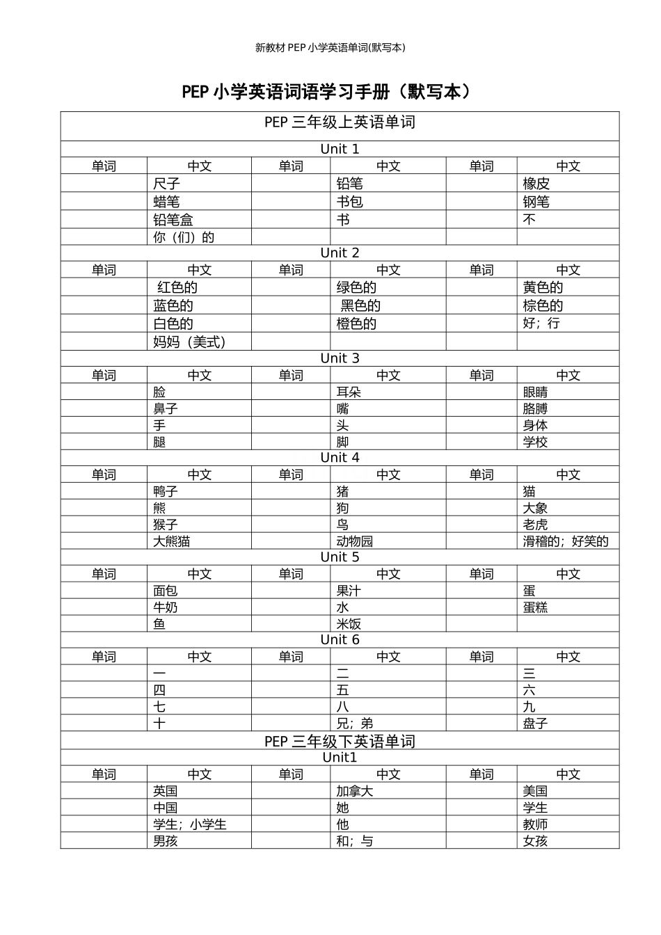 新教材PEP小学英语单词(默写本)_第1页