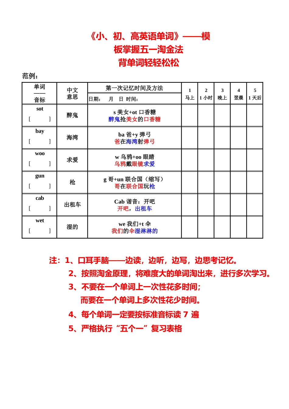 英语单词科学训练表格（小、中、高）_第1页