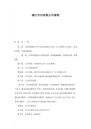 湛江市xx实业有限公司章程