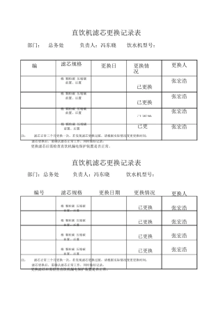 直饮机滤芯更换记录表