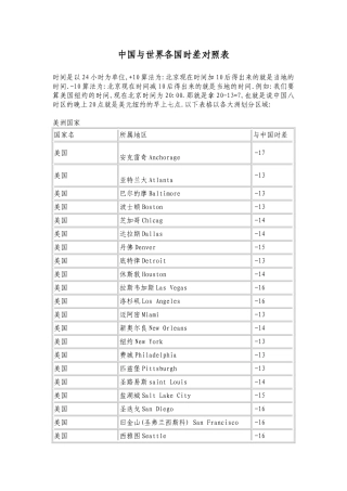中国与世界各国时差表