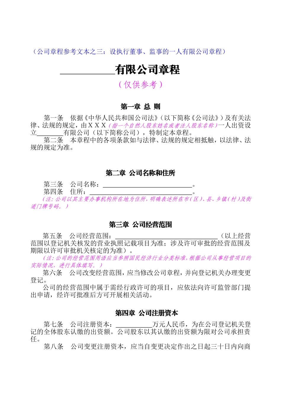 自然人独资公司章程范本_第1页