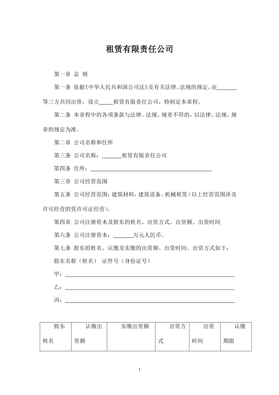 租赁有限责任公司章程(2014)_第1页