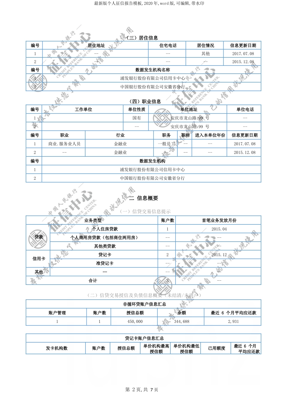 最新版个人征信报告模板-2020年-word版-可编辑-带水印_第2页