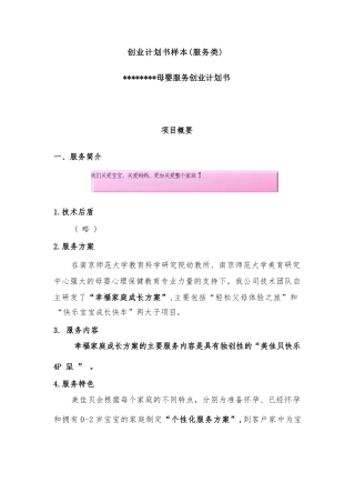最新版母婴服务创业计划书范文模板