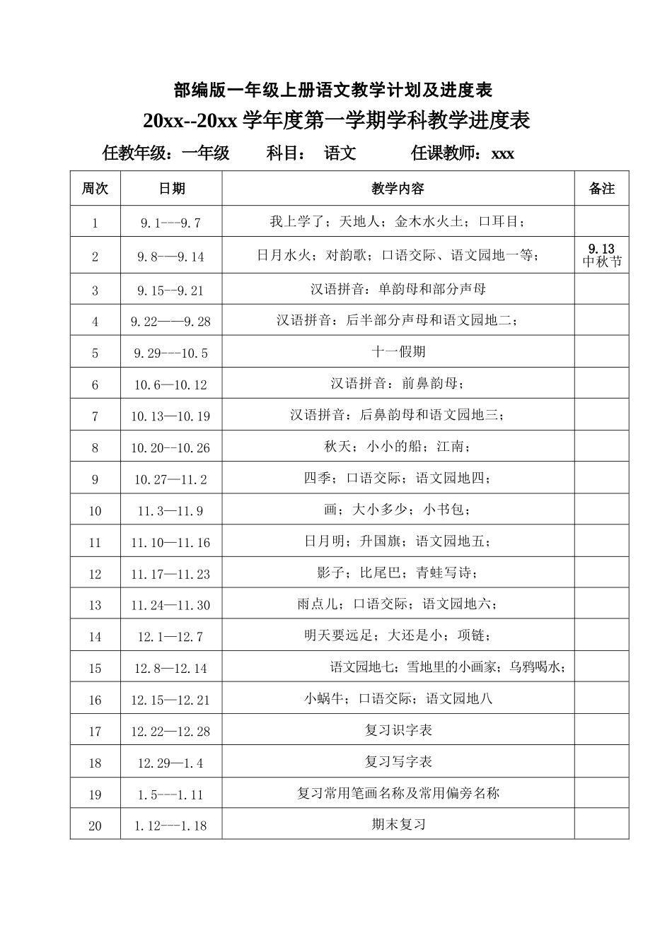 最新部编版一年级上册语文教学计划及进度表_第1页