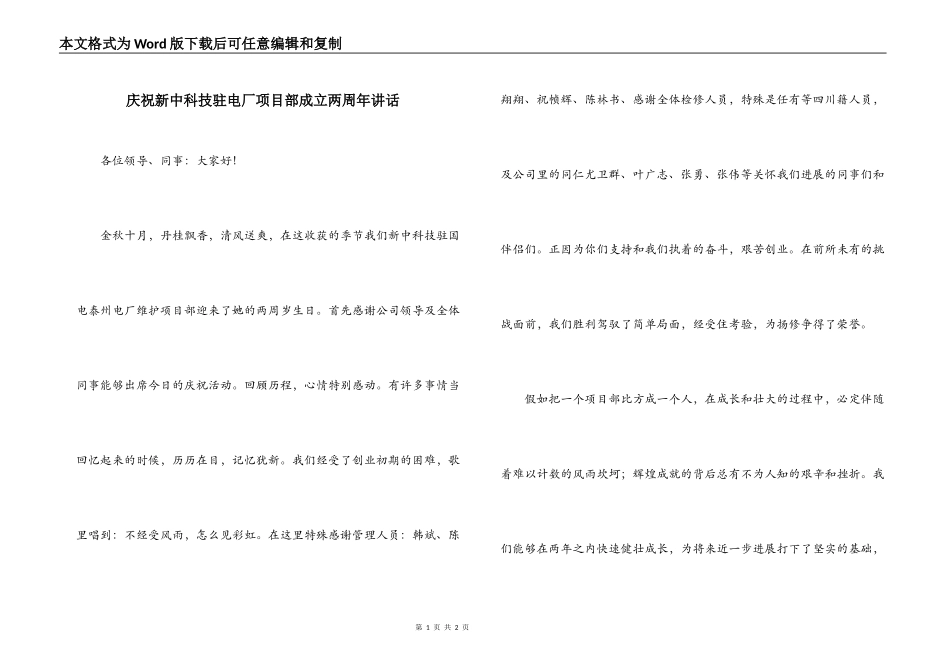 庆祝新中科技驻电厂项目部成立两周年讲话_第1页