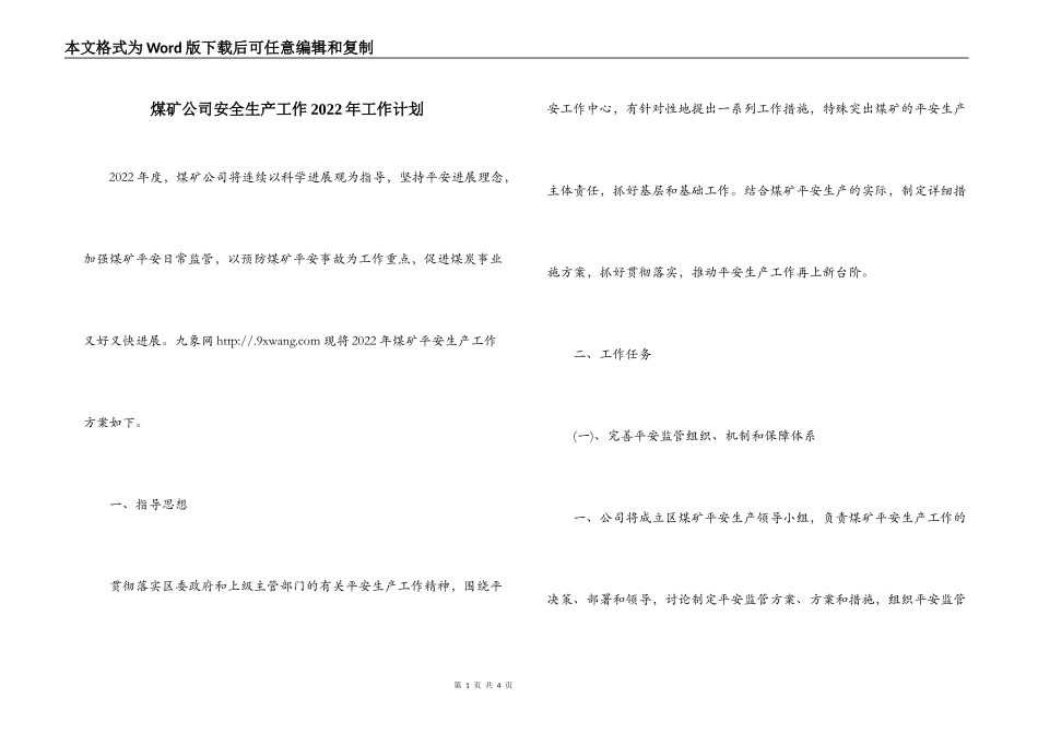 煤矿公司安全生产工作2022年工作计划_第1页