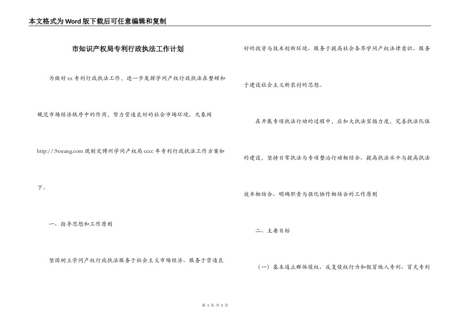 市知识产权局专利行政执法工作计划_第1页