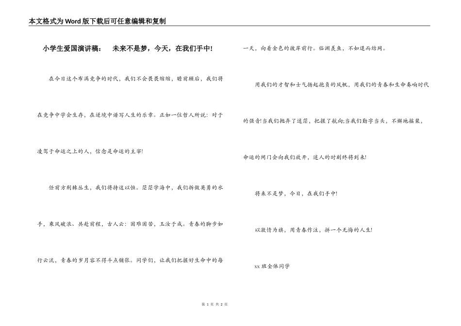 小学生爱国演讲稿：　未来不是梦，今天，在我们手中!_第1页