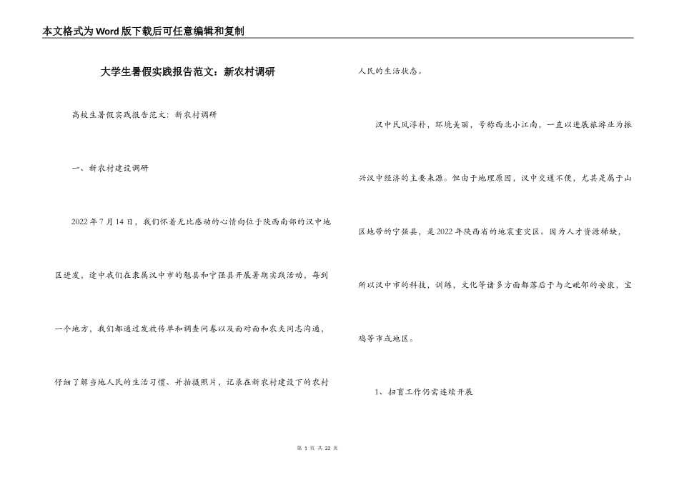 大学生暑假实践报告范文：新农村调研_第1页