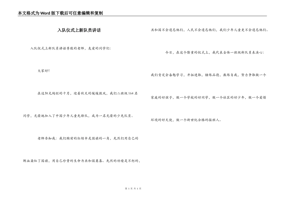 入队仪式上新队员讲话_第1页