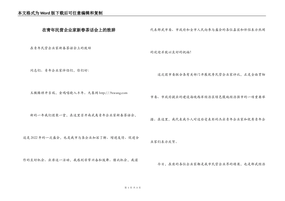 在青年民营企业家新春茶话会上的致辞_第1页