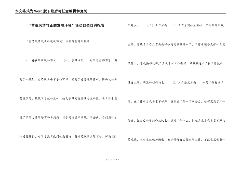 “营造风清气正的发展环境”活动自查自纠报告_第1页