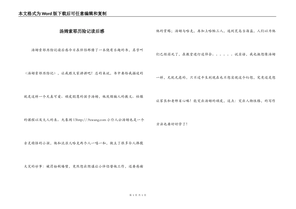 汤姆索耶历险记读后感_第1页