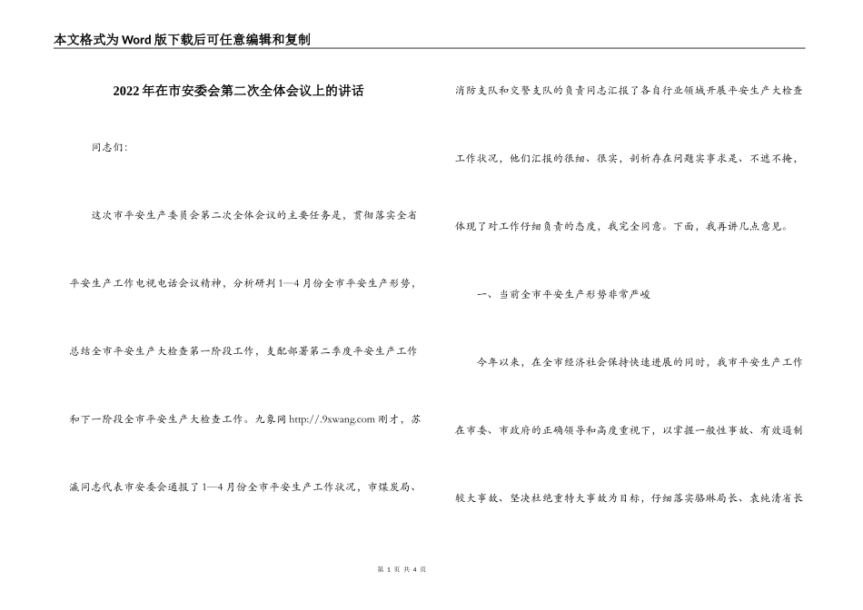 2022年在市安委会第二次全体会议上的讲话_第1页