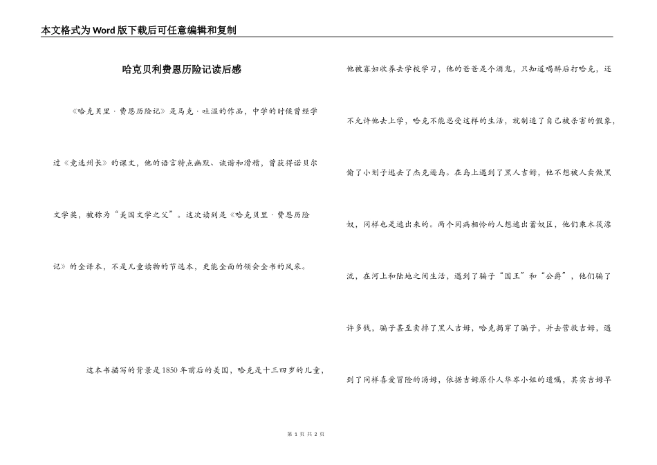 哈克贝利费恩历险记读后感_第1页