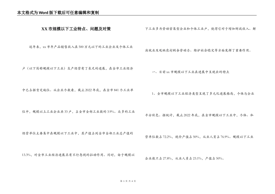 XX市规模以下工业特点、问题及对策_第1页