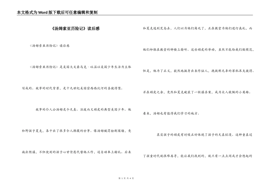 《汤姆索亚历险记》读后感_第1页