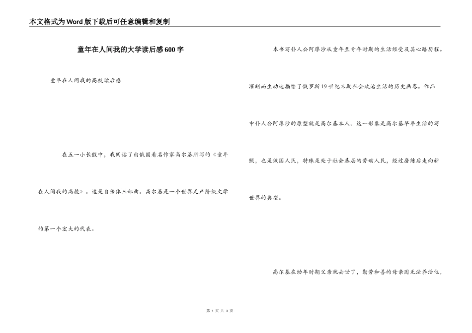 童年在人间我的大学读后感600字_第1页