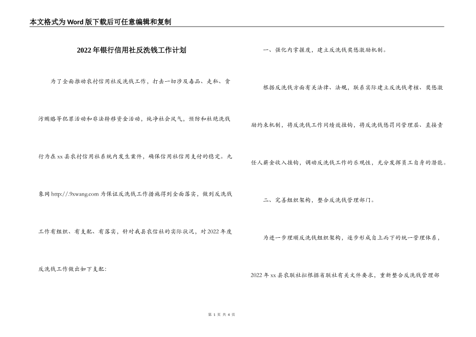 2022年银行信用社反洗钱工作计划_第1页