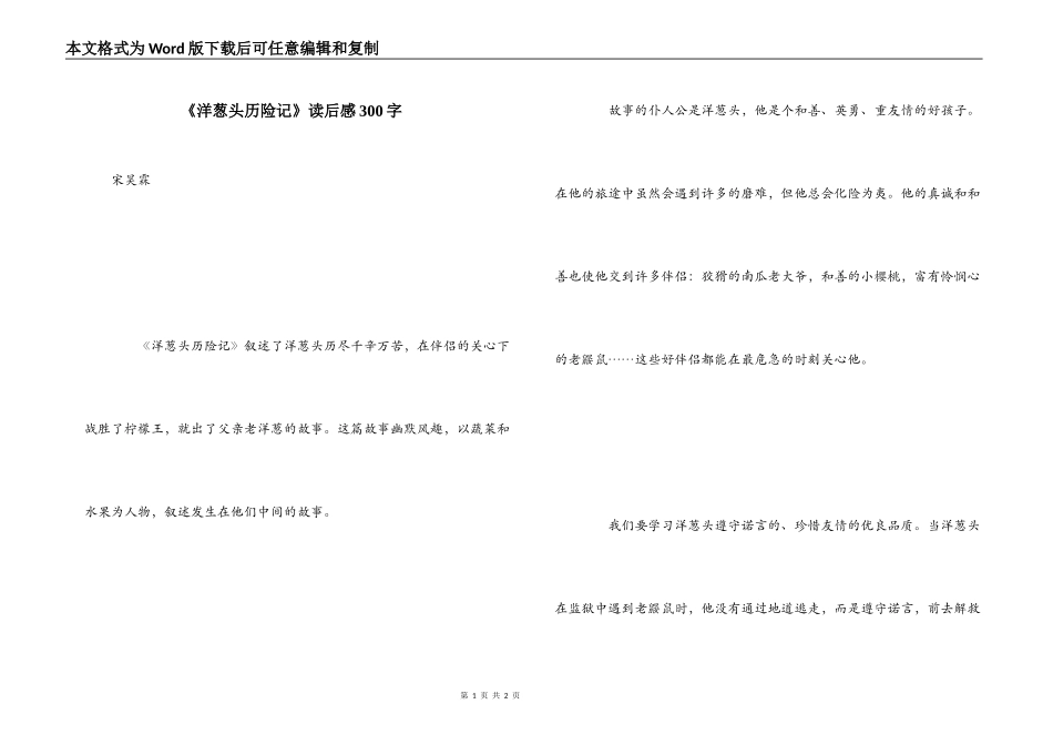 《洋葱头历险记》读后感300字_第1页