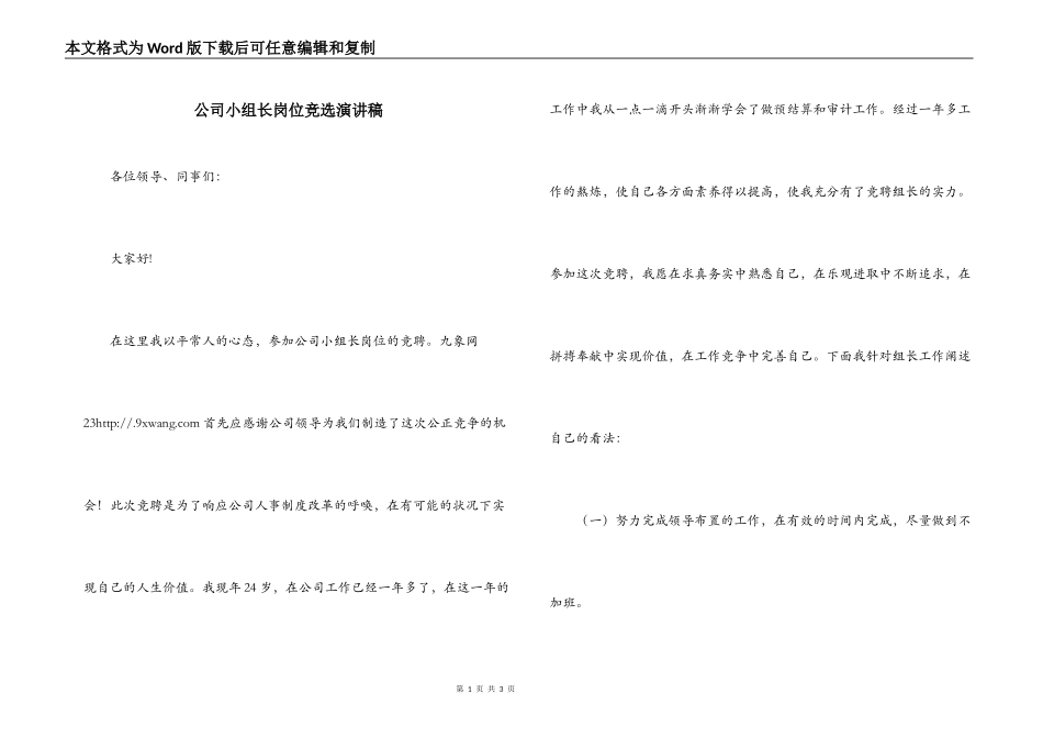 公司小组长岗位竞选演讲稿_第1页
