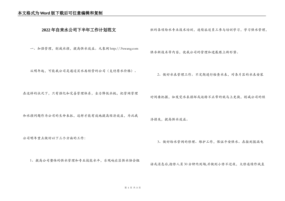 2022年自来水公司下半年工作计划范文_第1页