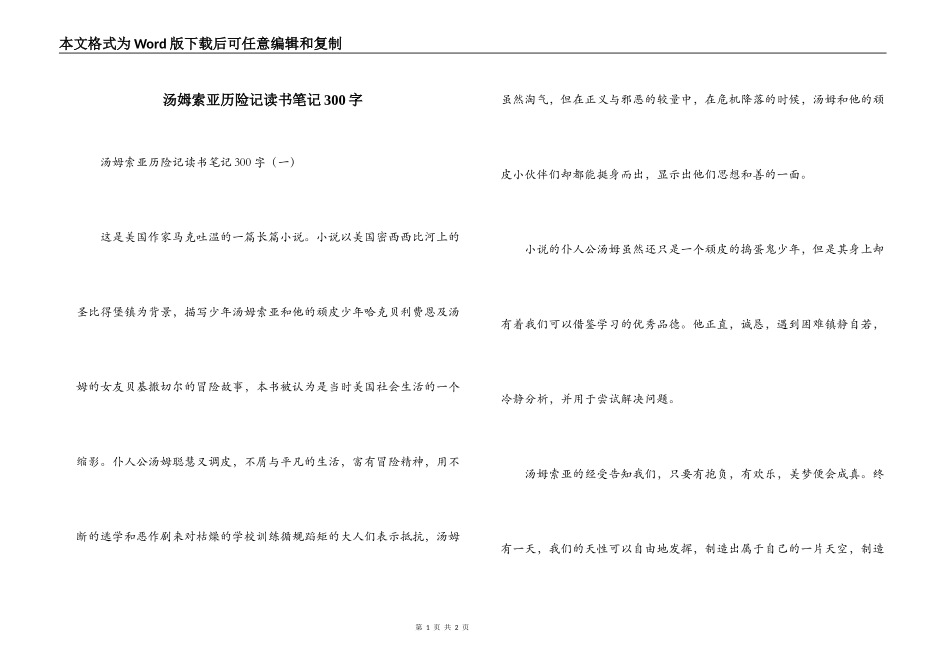 汤姆索亚历险记读书笔记300字_第1页