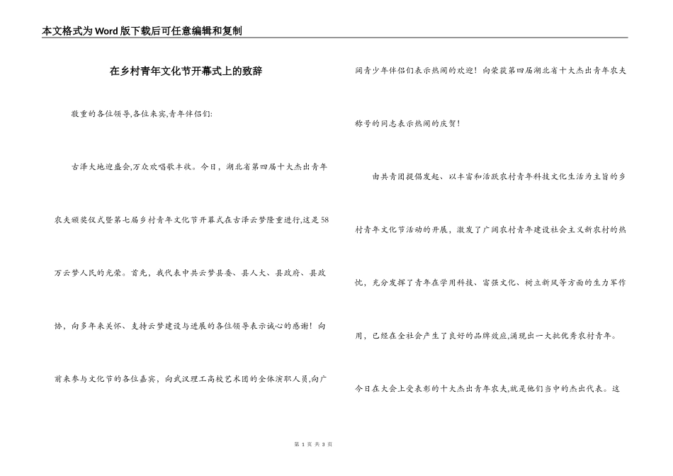 在乡村青年文化节开幕式上的致辞_第1页